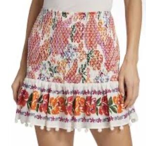 Farm Rio Spring Bananas smocked mini skirt floral pom-pom trim